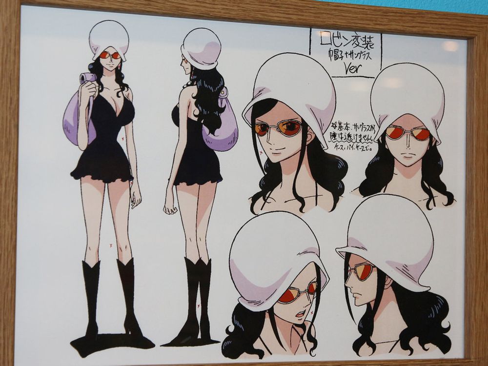1girl back black_hair breasts character_sheet dress female hat inoue_eisaku large_breasts long_hair nico_robin official_art one_piece photo settei smile sunglasses turnaround