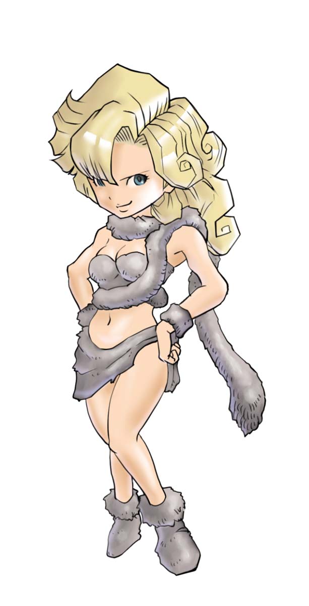 1girl 90s artist_request ayla_(chrono_trigger) blonde_hair blue_eyes breasts chrono_(series) chrono_trigger cleavage looking_at_viewer navel