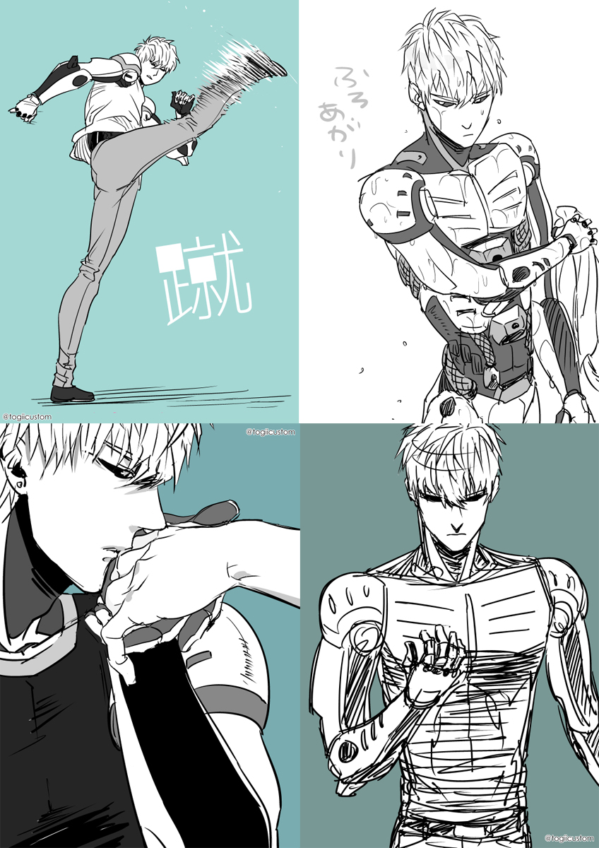 2boys black_sclera cyborg earring genos kick male_focus mechanical_arms multiple_boys multiple_views one-punch_man pants saitama_(one-punch_man) sleeveless togiicustom topless translation_request water yaoi