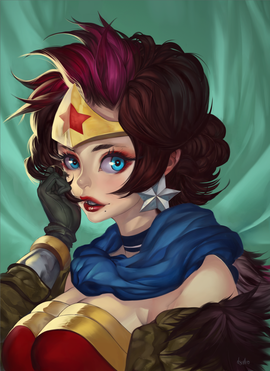 1girl beauty_mark beauty_spot blue_eyes brown_hair dc_comics earrings gloves heart heart-shaped_pupils hector_enrique_sevilla_lujan jewelry makeup multicolored_hair purple_hair solo symbol-shaped_pupils tiara wonder_woman