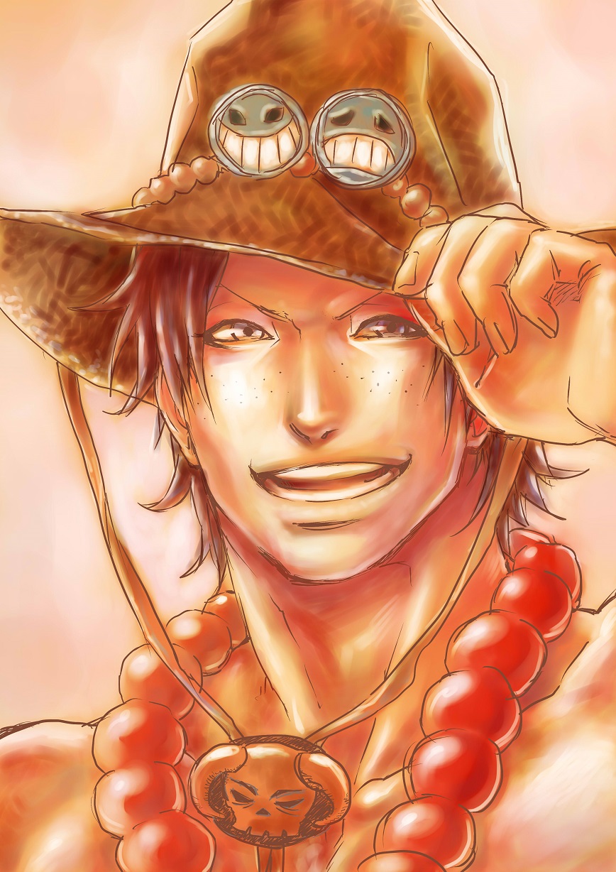 1boy beads freckles hand_on_hat jewelry male_focus necklace one_piece open_mouth portgas_d_ace smile smiley solo stampede_string