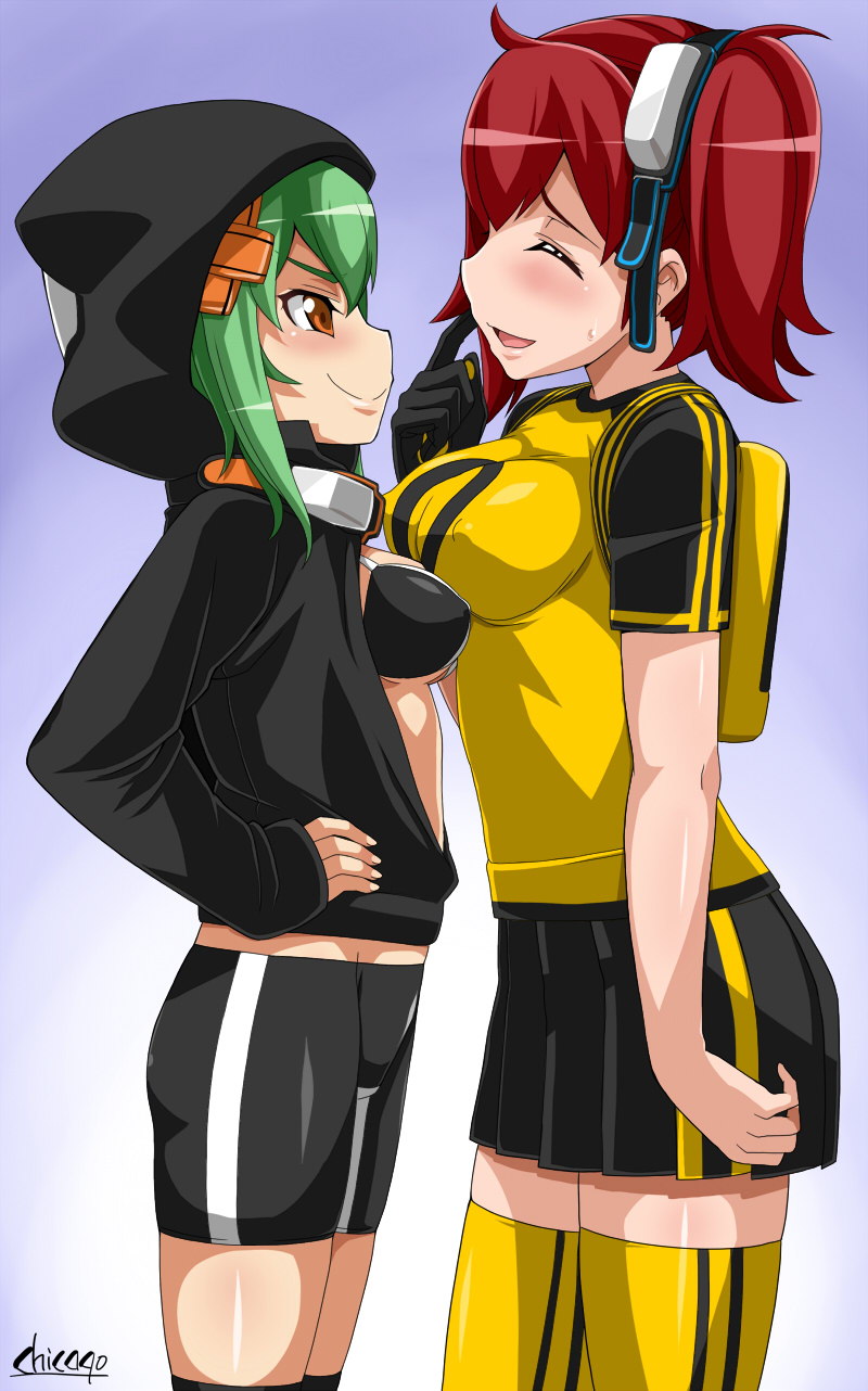 2girls aiba_ami amber_eyes bandai bike_shorts bikini_top breasts chicago-x digimon digimon_story:_cyber_sleuth erect_nipples female goggles green_hair multiple_girls pleated_skirt redhead shinomiya_rina short_hair skirt smile sweater symmetrical_docking