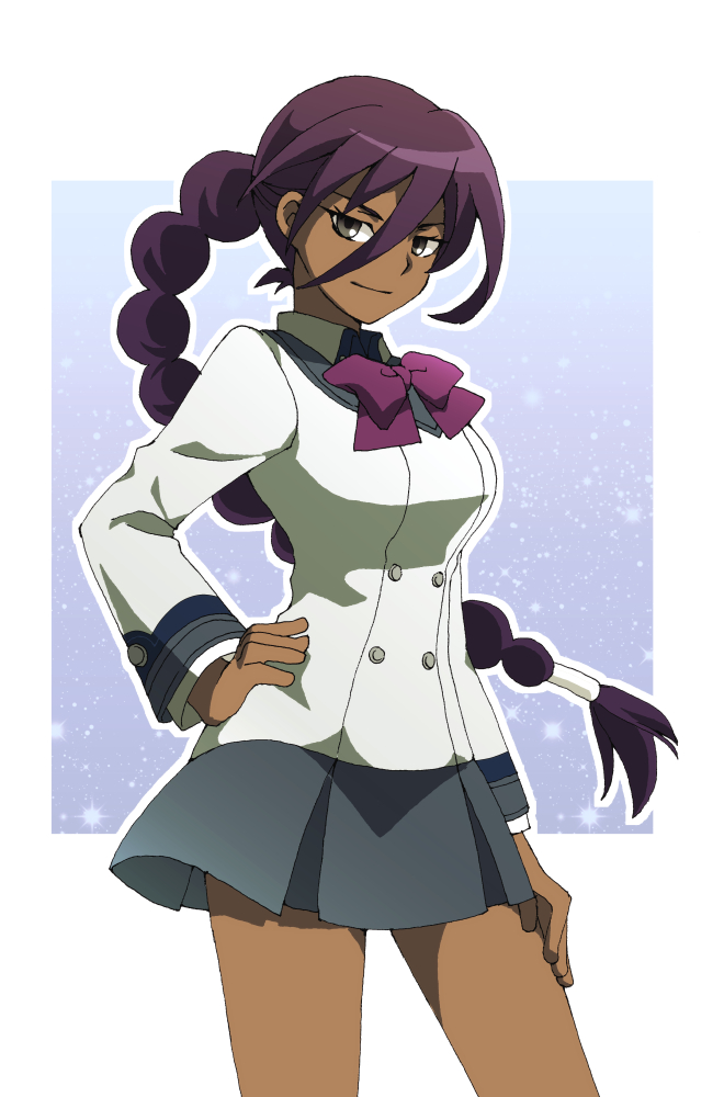 1girl braid breasts danball_senki danball_senki_wars dark_skin female long_hair purple_hair skirt smile solo uniform vanessa_gala