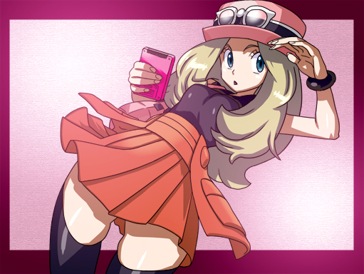 10s 1girl aruni blonde_hair blue_eyes breasts female hat long_hair nintendo pokedex pokemon pokemon_(game) pokemon_xy serena_(pokemon) skirt