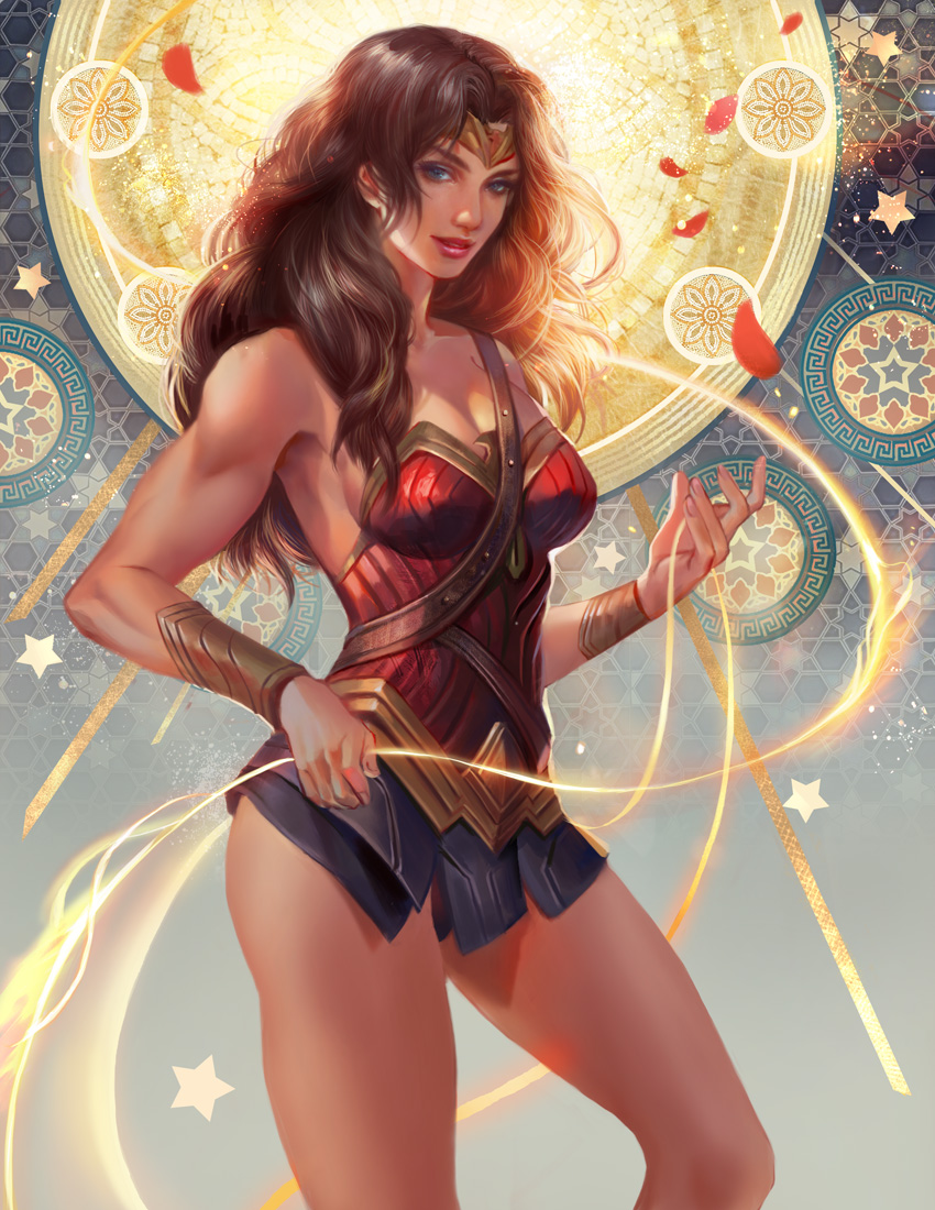 1girl armor armpits bare_shoulders black_hair breasts bridal_gauntlets cleavage dc_comics dccu pteruges skirt solo tiara vambraces wonder_woman wonder_woman_(series) yang_fan