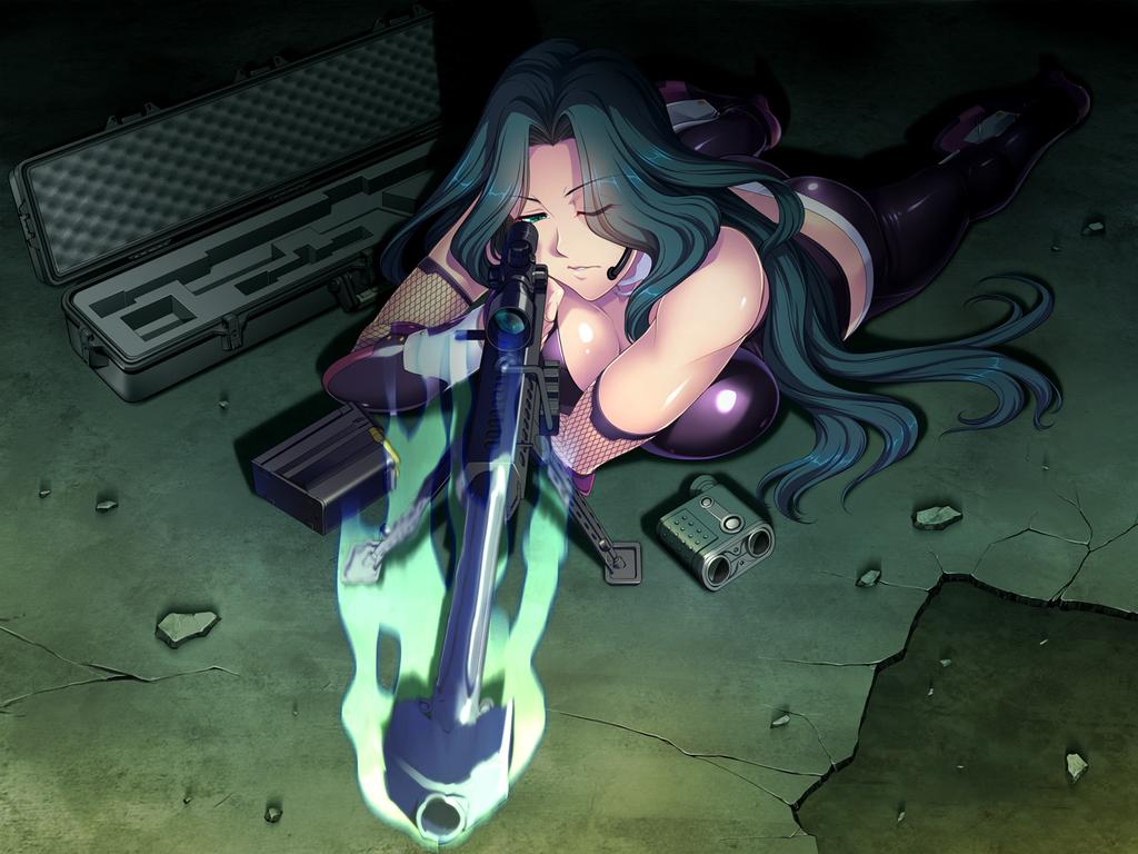 1girl ass binoculars breasts female gun large_breasts latex long_hair lying makishima_ayame rifle sniper sniper_rifle solo taimanin_kurenai weapon zol