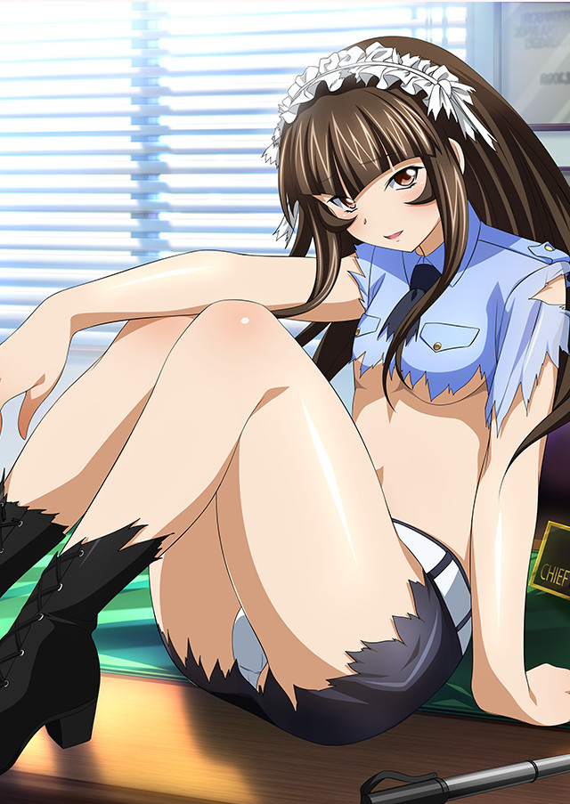 00s 1girl ass black_necktie black_skirt blue_shirt boots breasts brown_eyes brown_hair costume female ikkitousen indoors legs long_hair looking_at_viewer maid_headdress necktie official_art panties police police_uniform shirt sitting skirt small_breasts smile solo ten'i_(ikkitousen) torn_clothes torn_shirt torn_skirt under_boob underwear uniform white_panties