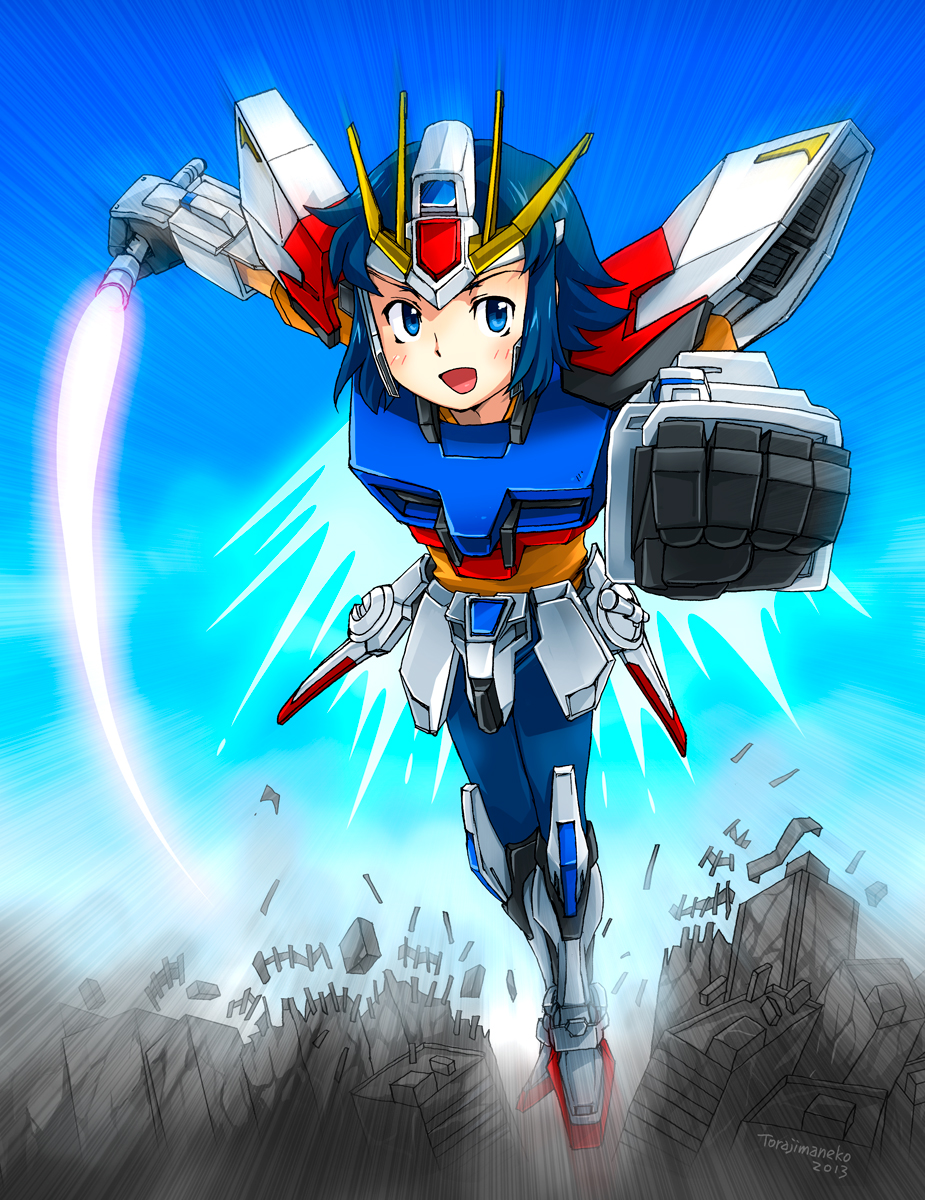 1boy blue_eyes blue_hair building giant gundam gundam_build_fighters iori_sei male_focus mecha short_hair solo sword torajimaneko weapon