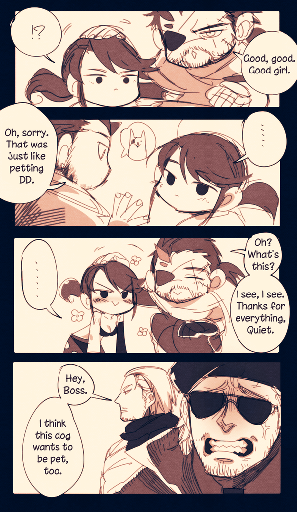 1girl 3boys 4koma beard big_boss comic eyepatch facial_hair hard_translated kazuhira_miller metal_gear_(series) metal_gear_solid multiple_boys quiet_(metal_gear) revolver_ocelot translated