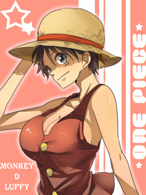 1girl breasts genderswap hat huge_breasts luffyko monkey_d_luffy one_piece straw_hat