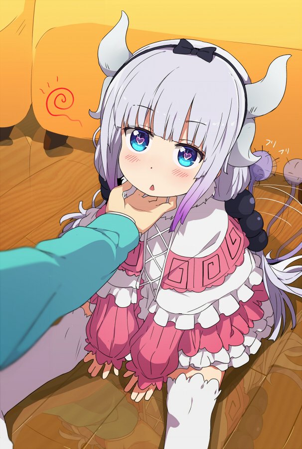 10s 2girls bangs black_bow black_hairband blue_eyes blunt_bangs blush bow chestnut_mouth child dragon_girl dragon_horns dragon_tail dress eyebrows eyebrows_visible_through_hair floor gothic_lolita grey_hair hair_bow hairband heart heart-shaped_pupils horns kanna_kamui kobayashi-san_chi_no_maidragon kobayashi_(maidragon) lolita_fashion long_hair long_sleeves multiple_girls ogipote on_floor pink_dress reflection sitting sitting_on_floor sleeves_past_wrists solo_focus symbol-shaped_pupils tail tail_wagging thigh-highs triangle_mouth white_legwear wooden_floor zettai_ryouiki