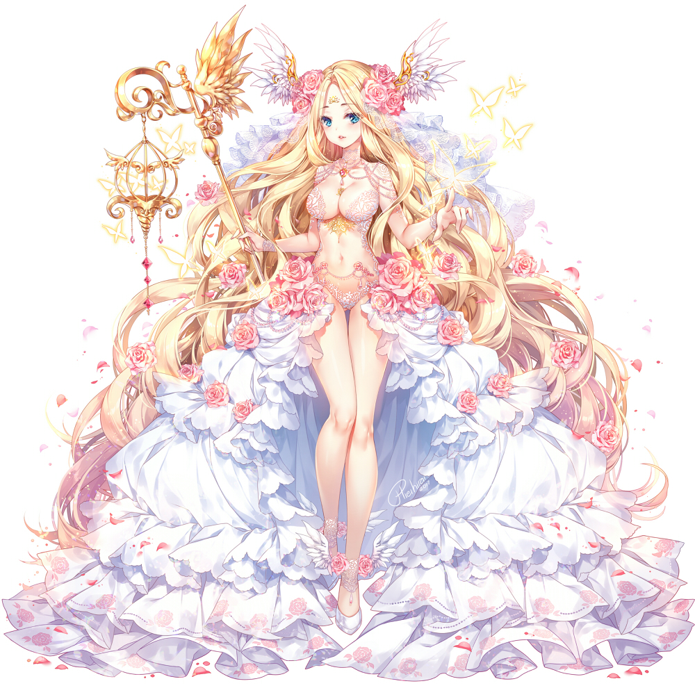 1girl 2017 absurdly_long_hair angel angel_wings artist_name blonde_hair blue_eyes blush borrowed_character breasts butterfly character_request cleavage collarbone commentary copyright_request eyebrows_visible_through_hair facial_mark floral_print flower forehead_mark full_body gem hair_flower hair_ornament head_wings hieihirai holding holding_staff lace large_breasts long_hair long_legs long_skirt looking_at_viewer navel original parted_lips petals pink_rose revealing_clothes rose rose_petals rose_print shoes showgirl_skirt simple_background skirt smile solo staff standing thigh_gap very_long_hair wavy_hair white_background white_shoes white_skirt white_wings winged_shoes wings wristband