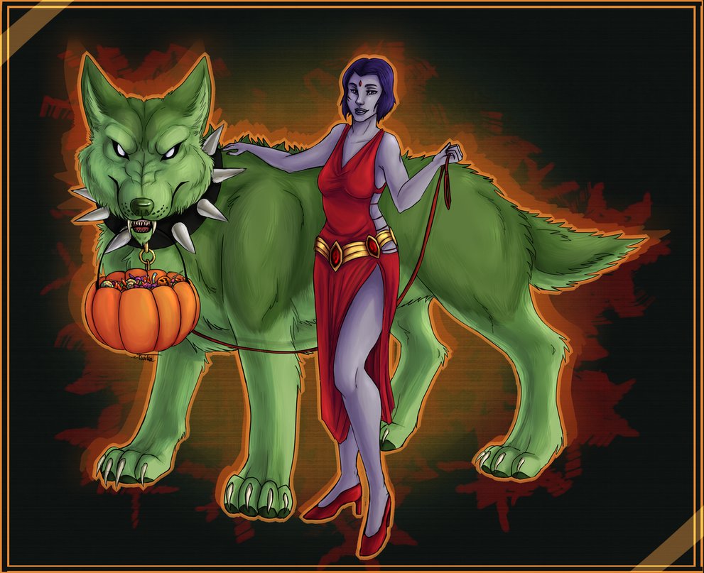 1boy 1girl beast_boy_(dc) candy collar dc_comics dress halloween high_heels leash nekomira pumpkin raven_(dc) sweets teen_titans wolf