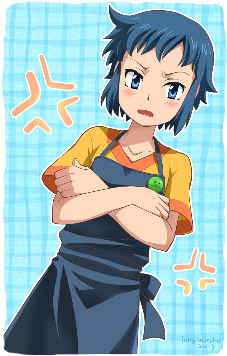 1boy angry apron blue_eyes blue_hair frown gundam gundam_build_fighters iori_sei male_focus short_hair simple_background solo torajimaneko