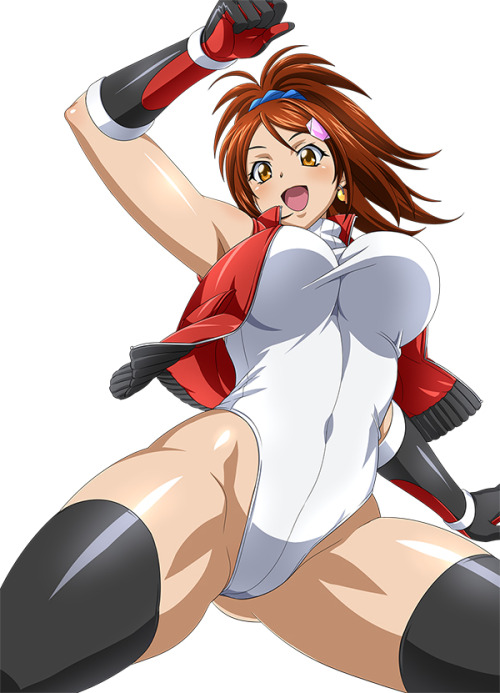 00s 1girl bachou_mouki breasts brown_hair cleavage female fingerless_gloves gloves ikkitousen legs leotard long_hair looking_at_viewer midriff navel official_art open_mouth shiny shiny_clothes smile solo taut_clothes yellow_eyes