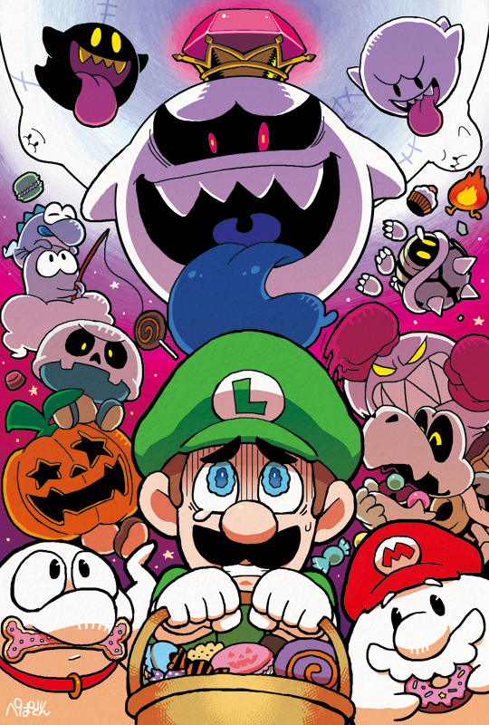 3boys alternate_form blue_eyes boo brothers candy crown cupcake doughnut dry_bones facial_hair fire food ghost ghost-pepper goomba halloween hat jack-o'-lantern king_boo lollipop long_tongue luigi luigi's_mansion mario multiple_boys mustache nintendo overalls red_eyes siblings skeleton stitches super_mario_bros. tears tongue tongue_out yellow_eyes
