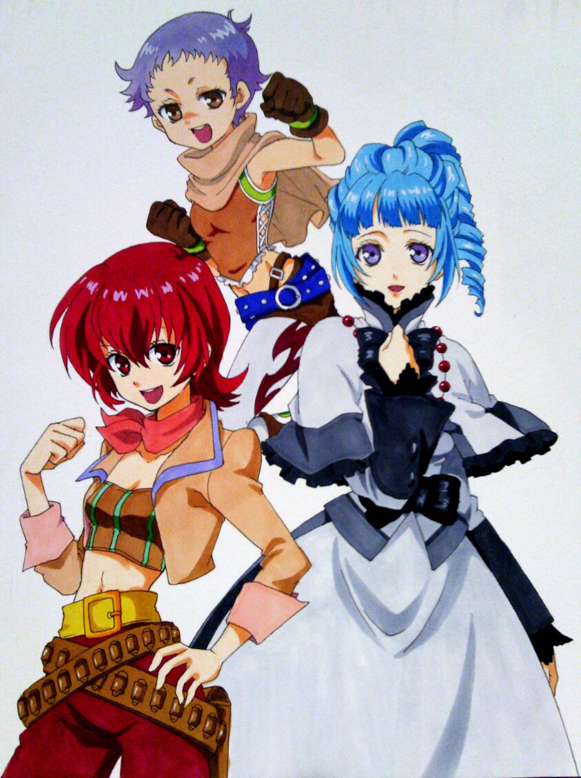 3girls ange_serena belt blue_hair boots breasts brown_eyes cape capelet cleavage dress frills gloves hermana_larmo iria_animi jacket jewelry long_hair midriff multiple_girls navel open_mouth pants pantyhose ponytail purple_hair red_eyes redhead ribbon scarf short_hair shorts tales_of_(series) tales_of_innocence violet_eyes