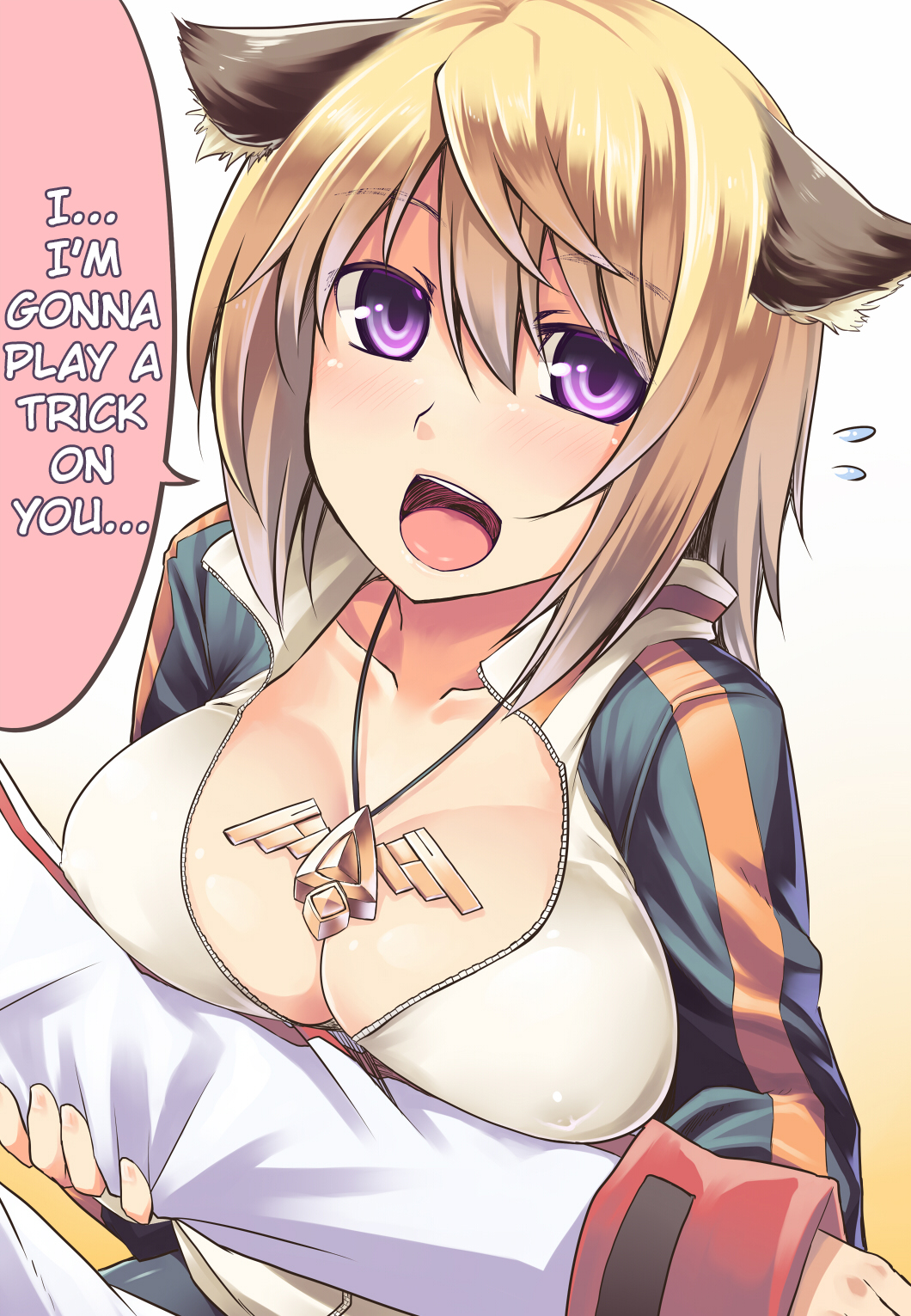 1girl aaru_(tenrake_chaya) animal_ears arm_grab blonde_hair breasts charlotte_dunois cleavage dog_ears female hard_translated highres infinite_stratos jewelry kemonomimi_mode large_breasts necklace open_mouth smile solo translated violet_eyes