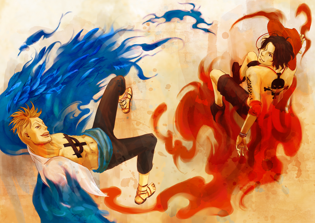 2boys blonde_hair blue_fire fiery_wings fire jolly_roger male_focus marco multiple_boys one_piece pirate portgas_d_ace red_fire tattoo whitebeard_pirates