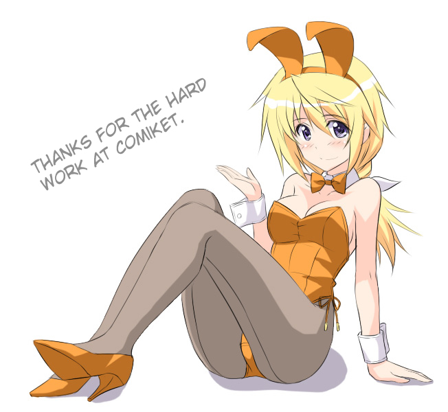 1girl animal_ears blonde_hair bow bowtie bunnysuit charlotte_dunois detached_collar grey_eyes hard_translated high_heels infinite_stratos long_hair masakichi_(crossroad) pantyhose ponytail rabbit_ears solo translated twintails wrist_cuffs