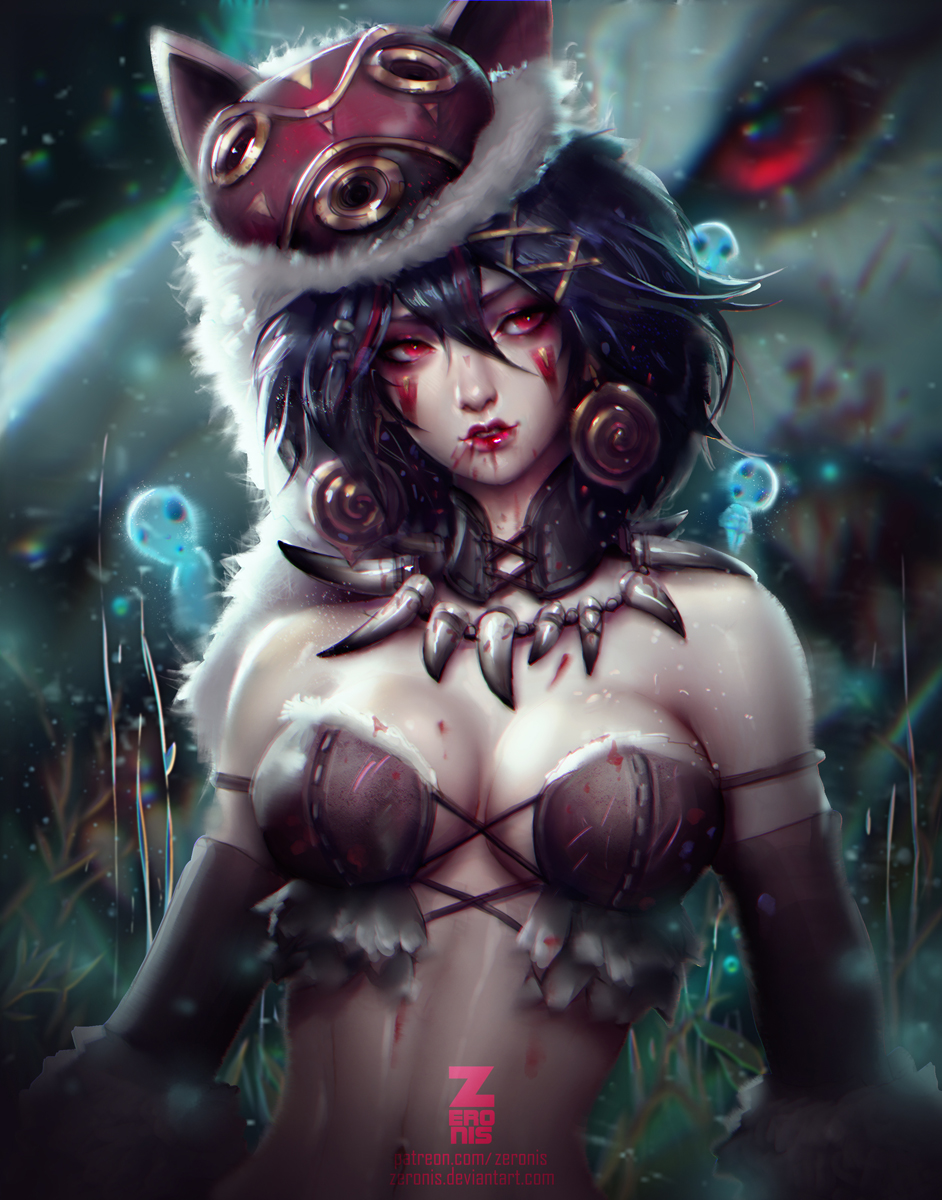 1girl 90s artist_name bare_shoulders black_hair blood blurry breasts choker depth_of_field earrings facial_mark fang_necklace fangs fur_trim jewelry mask mask_on_head mononoke_hime navel necklace original parted_lips paul_kwon red_eyes stomach studio_ghibli tattoo tribal upper_body web_address wolf