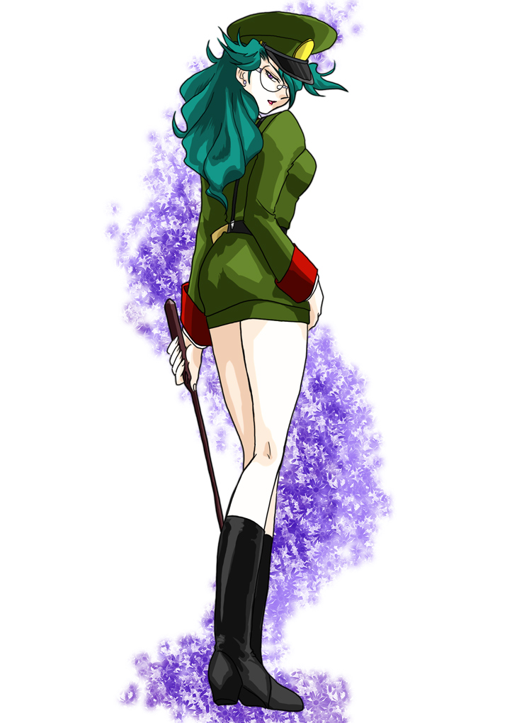 amakasu boots earrings from_behind full_body g_gundam glasses green_hair gundam hat jewelry lipstick long_hair looking_back makeup military military_uniform nastasha_zabigov peaked_cap uniform violet_eyes whip