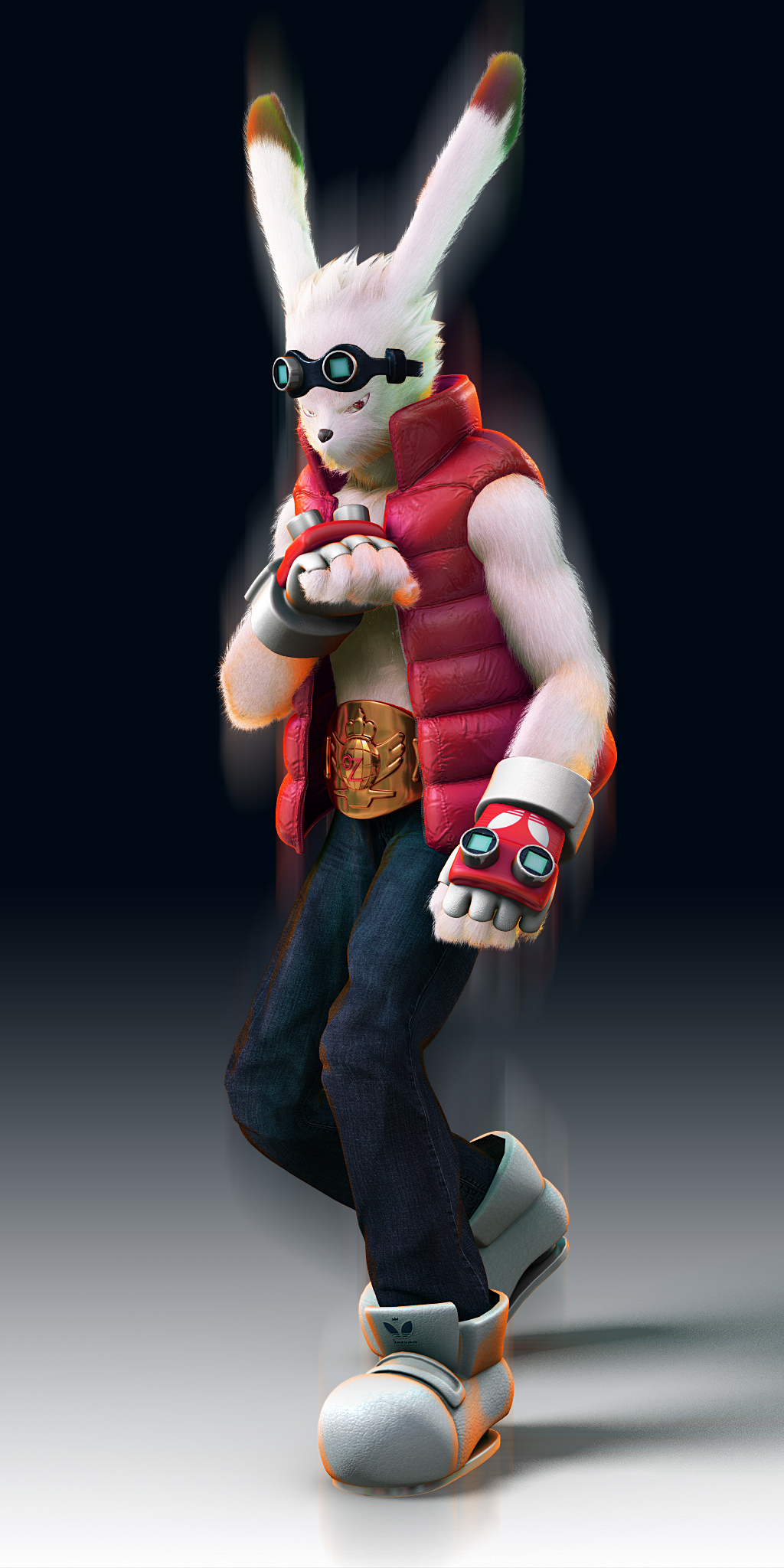 1boy 3d animal_ears belt furry gloves goggles goggles_on_head ikedan king_kazuma male_focus open_clothes open_vest pants rabbit rabbit_ears realistic red_eyes solo summer_wars vest