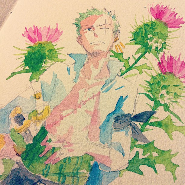 1boy artist_request flower green_hair haramaki male_focus one-eyed one_piece open_clothes open_shirt roronoa_zoro scar shirt solo source_request thistle traditional_art traditional_media travessinglethe