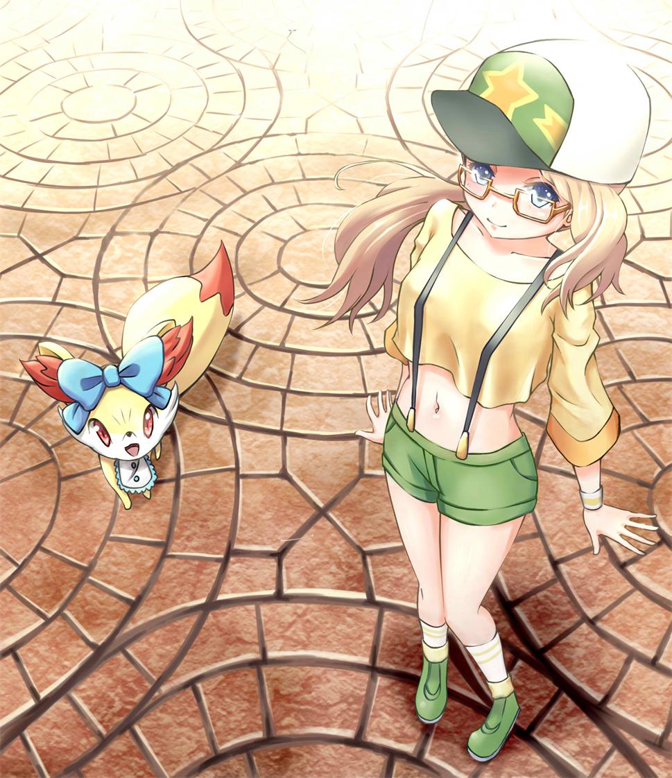 10s 1girl baseball_cap bespectacled blonde_hair blue_eyes breasts crop_top crop_top_overhang fennekin glasses green_shoes green_shorts hat long_hair midriff navel nintendo pokemon pokemon_(anime) pokemon_(game) pokemon_xy serena_(pokemon) shirt shoes short_shorts shorts small_breasts socks suspenders yellow-framed_glasses yellow_shirt