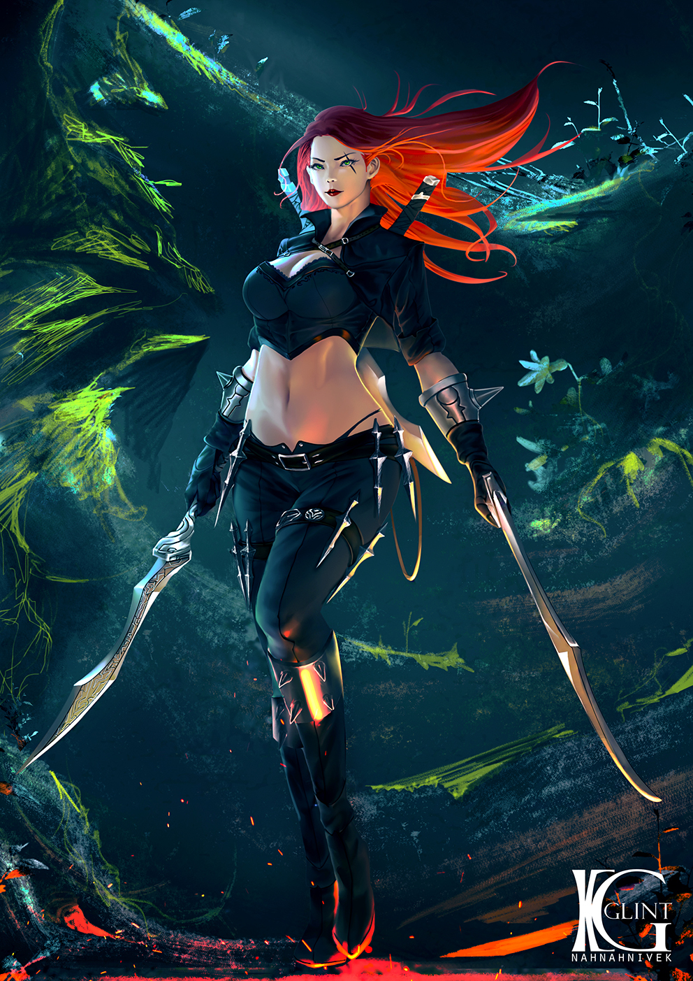 1girl boots breasts cleavage dagger dual_wielding green_eyes katarina_du_couteau kevin_glint league_of_legends midriff navel redhead scar solo stomach sword thigh_holster thong weapon