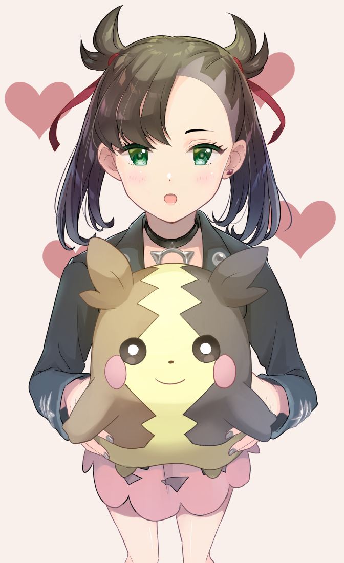 1girl :o asymmetrical_bangs bangs black_jacket choker commentary_request cropped_legs fingernails forehead foreshortening gen_8_pokemon green_eyes grey_nails hair_ribbon heart holding holding_pokemon jacket jewelry light_blush long_sleeves looking_at_viewer mary_(pokemon) morpeko nail_polish pechi_(peeechika) pendant pink_background pink_skirt pokemon pokemon_(creature) pokemon_(game) pokemon_swsh ribbon simple_background single_earring skirt solo standing twintails two_side_up