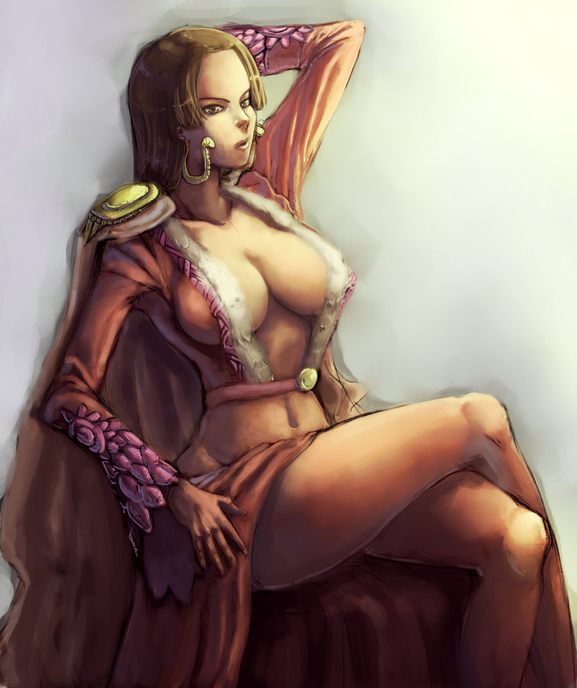 1girl boa_hancock breasts brown_eyes brown_hair cleavage female kyoffie12 large_breasts long_hair midriff navel one_piece parted_lips sitting solo
