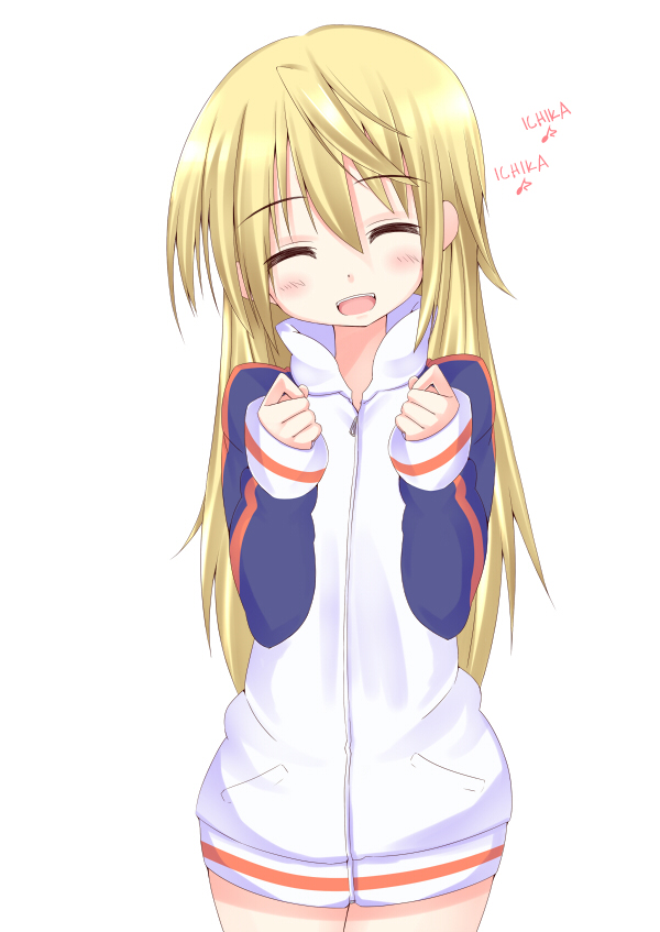 1girl aosi_(wasabiranzy) blonde_hair blush charlotte_dunois closed_eyes hair_down happy hard_translated infinite_stratos long_hair long_sleeves no_pants open_mouth solo text track_jacket translated white_background