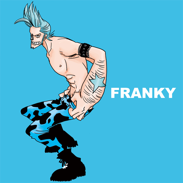 1boy blue_hair character_name cyborg franky male_focus one_piece solo tattoo topless