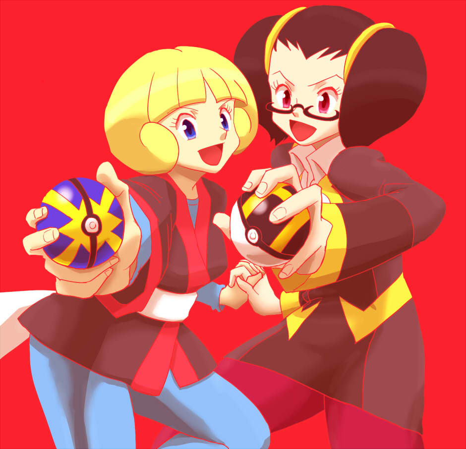 2girls black_hair blonde_hair blue_eyes frontier_brain glasses hand_holding kogomi_(pokemon) multiple_girls nakaba open_mouth poke_ball pokemon quick_ball rioka_(pokemon) simple_background ultra_ball violet_eyes