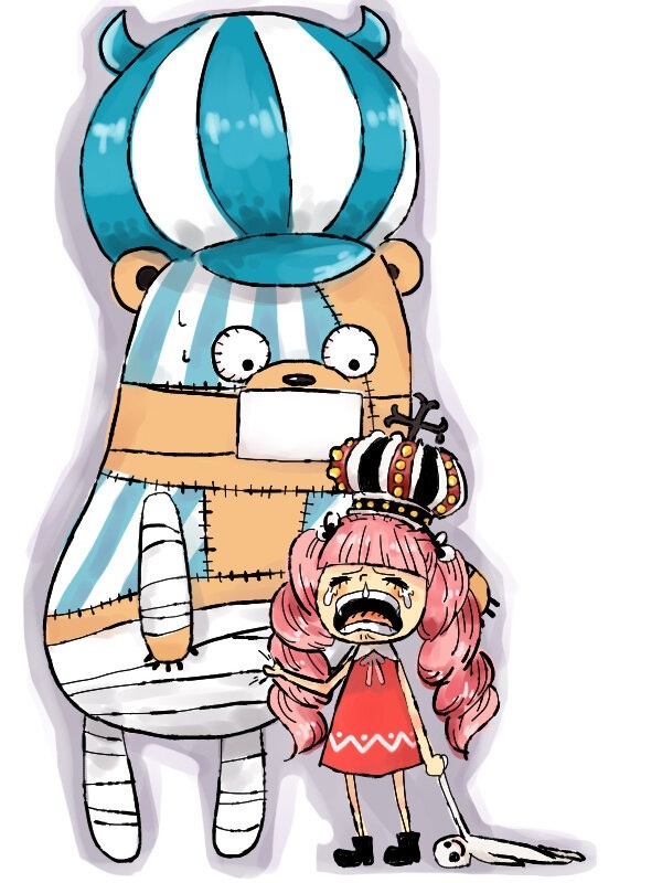 1girl bear crying kumacy one_piece perona pink_hair surgical_mask younger
