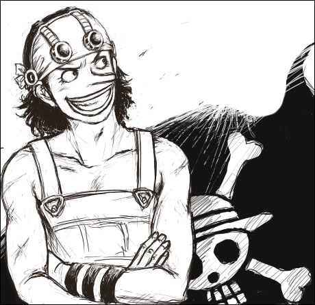 1boy jolly_roger male_focus monochrome one_piece pirate_flag solo usopp