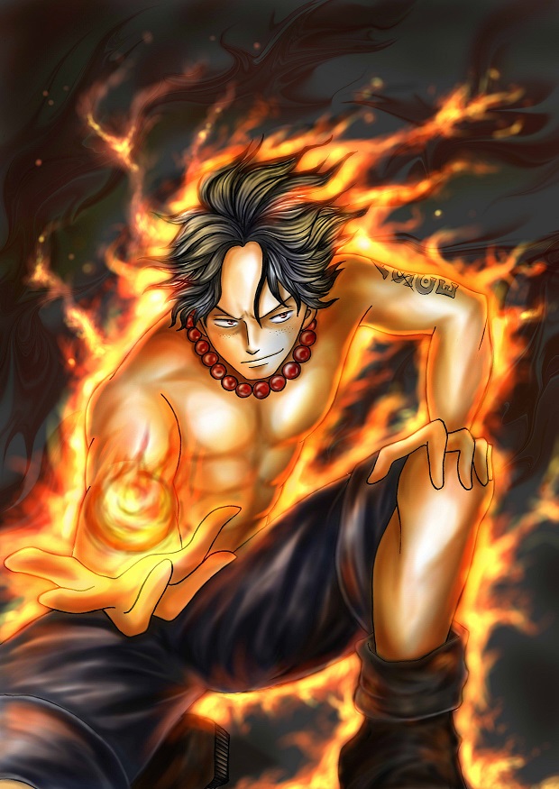 1boy fire male_focus one_piece portgas_d_ace solo tattoo topless