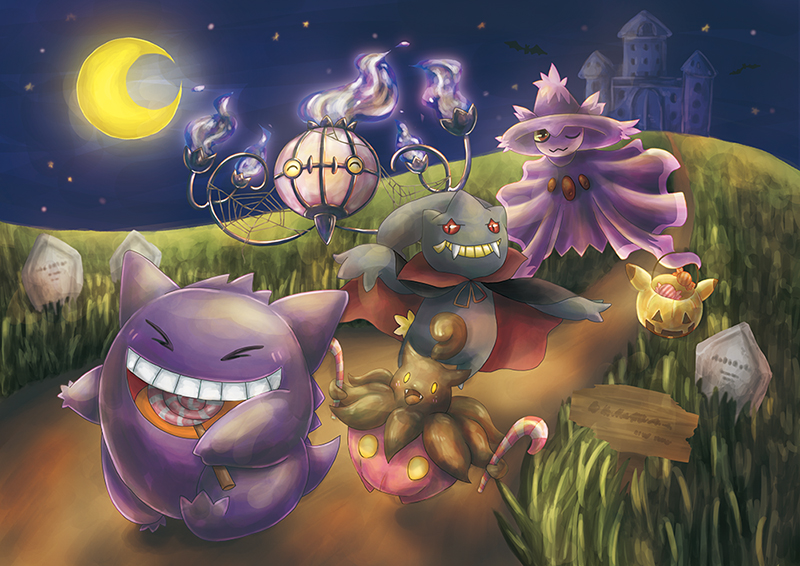 banette candy candy_cane cape chandelure closed_eyes costume fangs gengar ghost halloween hat lollipop mismagius nintendo no_humans open_mouth pokemon pumpkaboo red_eyes smile teeth vampire witch witch_hat yellow_eyes yellow_sclera zipper