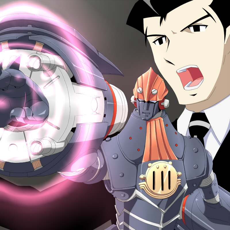 1boy big_o_(mecha) black_hair necktie open_mouth ribonzu roger_smith suit the_big_o weapon