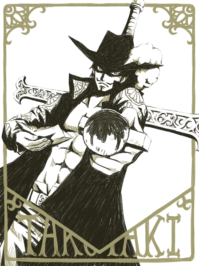 1boy border dracule_mihawk food hat male_focus monochrome one_piece solo takoyaki yoru_(one_piece)