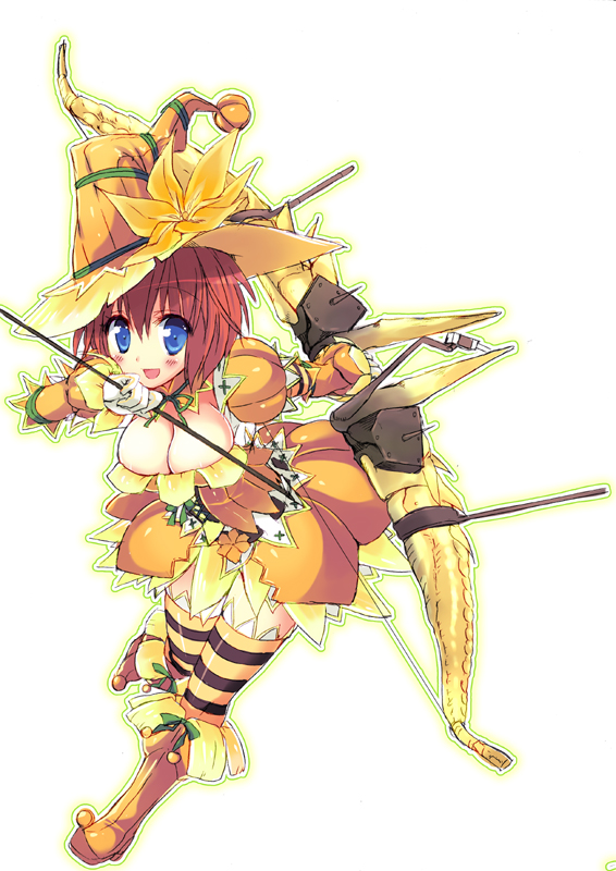 1girl armor arrow blue_eyes boots bow_(weapon) breasts capcom cleavage female halloween hat kizuki_erika monster_hunter monster_hunter_portable_3rd mosgharl_(armor) open_mouth redhead short_hair smile solo thigh-highs weapon witch_hat