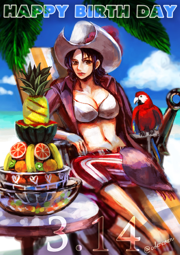 1girl alvida_(one_piece) banana beach bikini_top bird birthday capri_pants cowboy_hat food fruit grapefruit hat kiwi ocean one_piece orange pants parrot pineapple pirate sitting watermelon