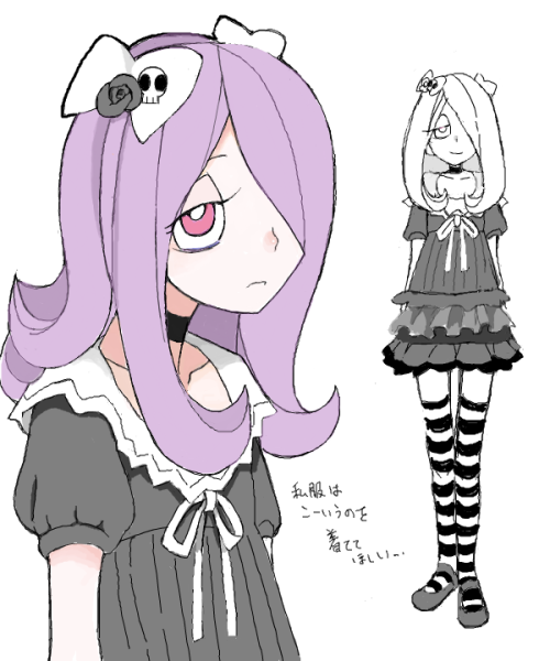 1girl bow gothic_lolita hair_over_one_eye little_witch_academia lolita_fashion pink_hair ribbon striped_legwear sucy_manbabalan translation_request