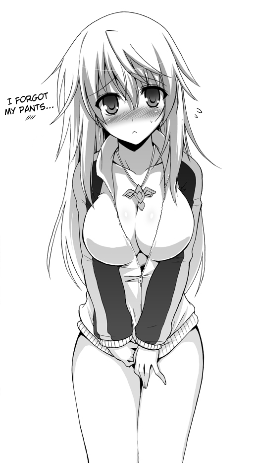 1girl :&lt; blush bottomless breasts c.r. charlotte_dunois cleavage covering covering_crotch hard_translated infinite_stratos jewelry long_hair monochrome necklace no_pants open_clothes open_shirt shirt solo track_jacket translated zipper