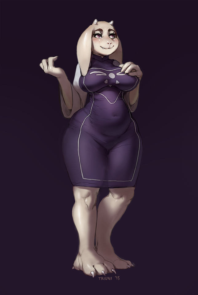 1girl barefoot belly blush breasts claws covered_navel curvy erect_nipples female goat_ears goat_girl horns large_breasts navel plump smile solo thick_thighs tight_dress toriel triuni undertale