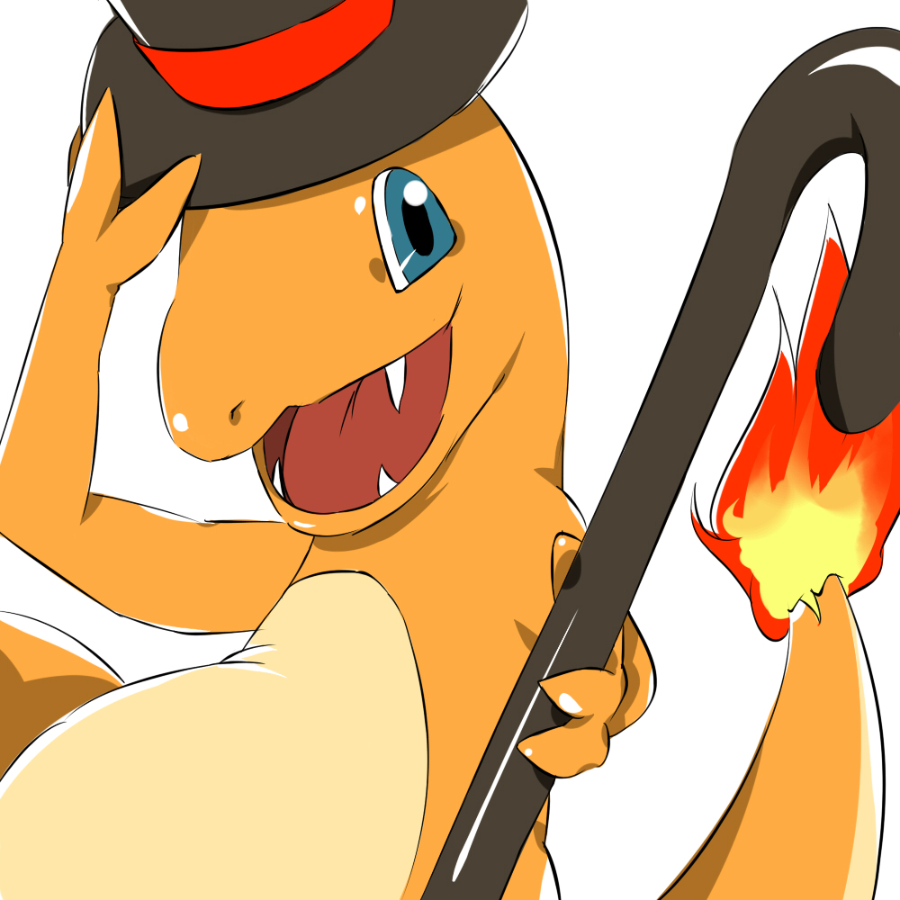 90s cane charmander fangs fire hat holding pokemon pokemon_(game) pokemon_rgby shinobu_panda top_hat