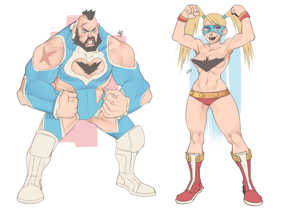 1boy 1girl beard black_hair blonde_hair breasts chest_hair cleavage_cutout cosplay costume_switch domino_mask facial_hair flexing heart heart_cutout mask mohawk muscle navel pose rainbow_mika scar stomach street_fighter street_fighter_v swim_briefs talez tied_hair topless twintails wrestling_outfit zangief