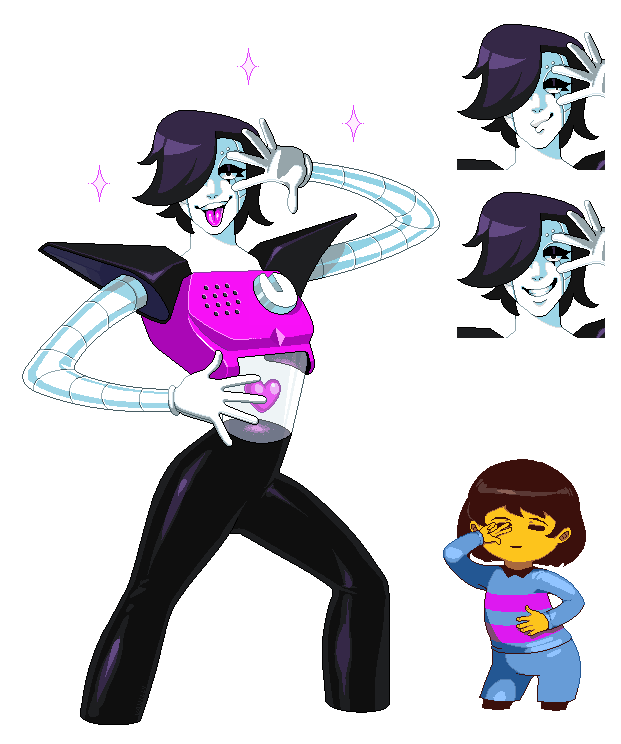 1boy androgynous android black_hair brown_hair closed_eyes dial expressions frisk_(undertale) hair_over_one_eye heart height_difference mettaton mettaton-ex pixel_art pose sanpaku see-through shirt shorts smile sparkle spoilers striped_shirt tachi-e tongue tongue_out transparent_background undertale vanillycake yellow_skin