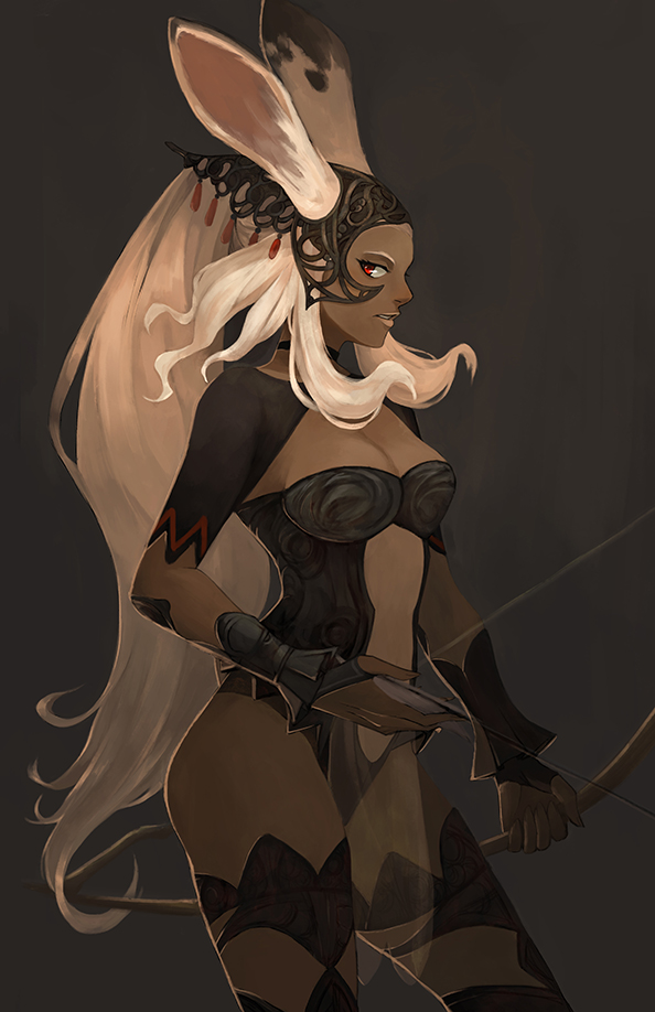 animal_ears arrow bow_(weapon) breasts bridal_gauntlets cleavage dark_background dark_skin final_fantasy final_fantasy_xii fran manreeree pelvic_curtain rabbit_ears red_eyes silver_hair thigh-highs weapon